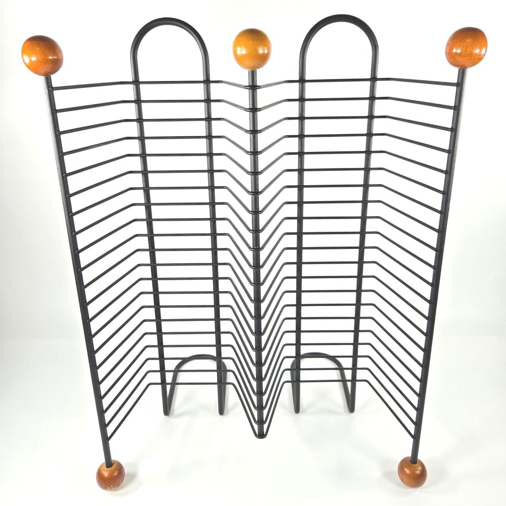 Vintage Y2K Black Wire CD Tower 40 disc Rack Stand Wood Ball Finials Ends Zigzag